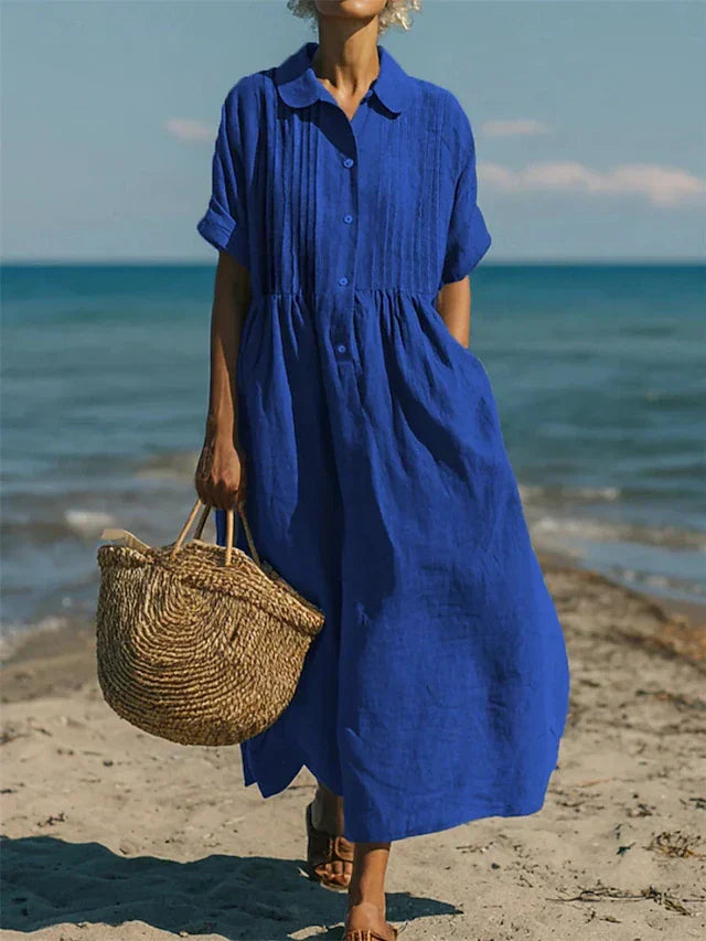 Women's Breathable Linen Maxi Dress | Elegant Pintuck Pleated Shirt Dress 2