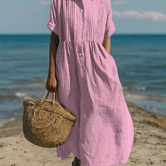 Women's Breathable Linen Maxi Dress | Elegant Pintuck Pleated Shirt Dress 3