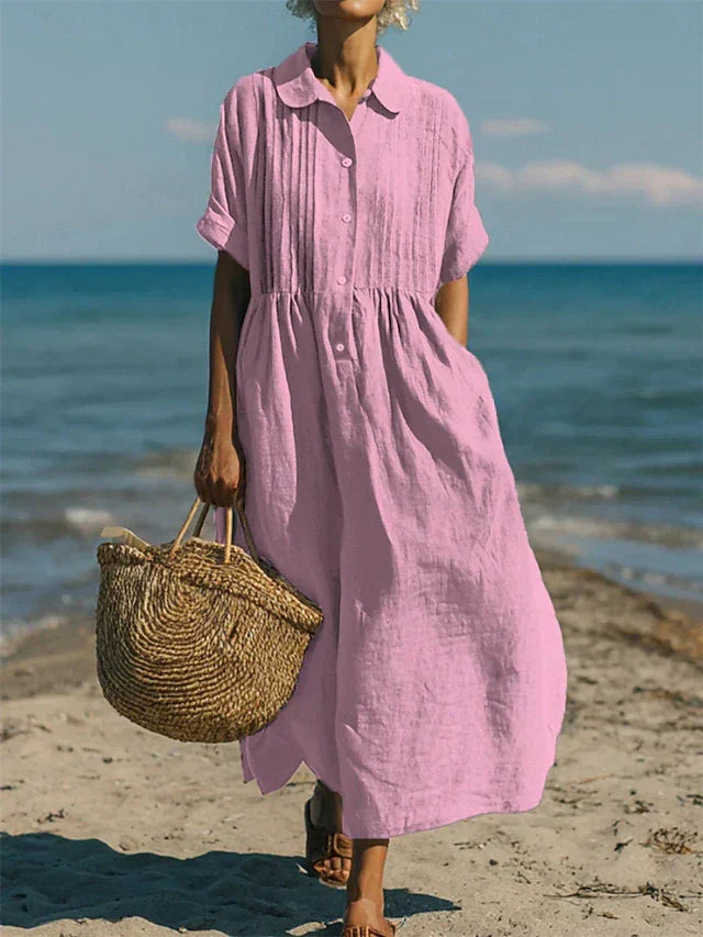 Women's Breathable Linen Maxi Dress | Elegant Pintuck Pleated Shirt Dress 3