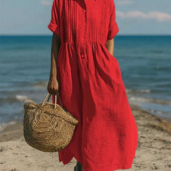 Women's Breathable Linen Maxi Dress | Elegant Pintuck Pleated Shirt Dress 4