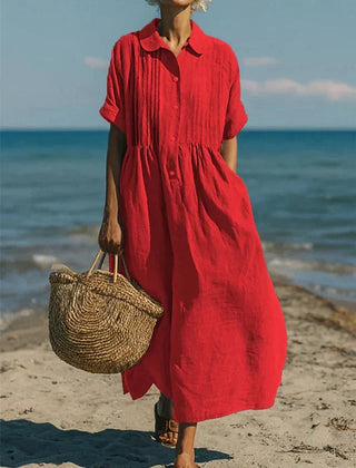 Women's Breathable Linen Maxi Dress | Elegant Pintuck Pleated Shirt Dress 4