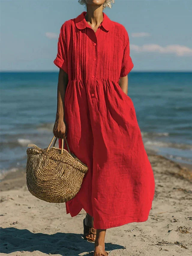 Women's Breathable Linen Maxi Dress | Elegant Pintuck Pleated Shirt Dress 4