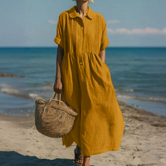 Women's Breathable Linen Maxi Dress | Elegant Pintuck Pleated Shirt Dress 5