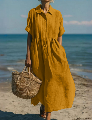 Women's Breathable Linen Maxi Dress | Elegant Pintuck Pleated Shirt Dress 5