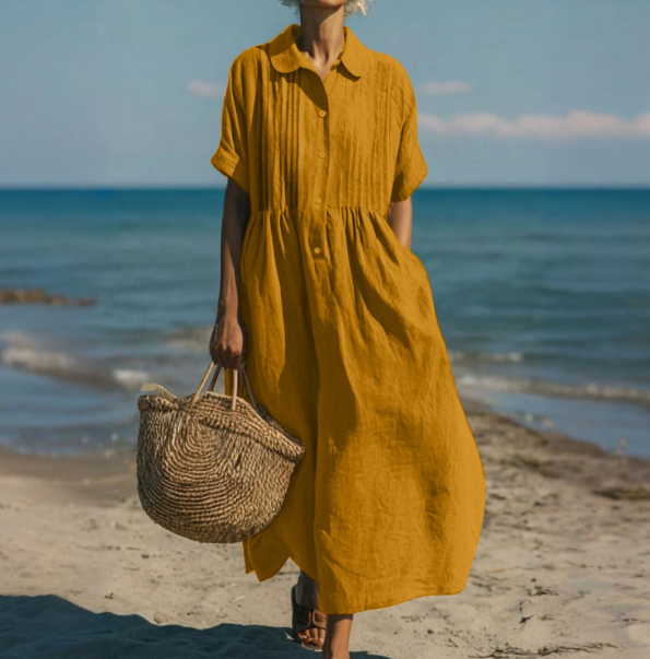 Women's Breathable Linen Maxi Dress | Elegant Pintuck Pleated Shirt Dress 5