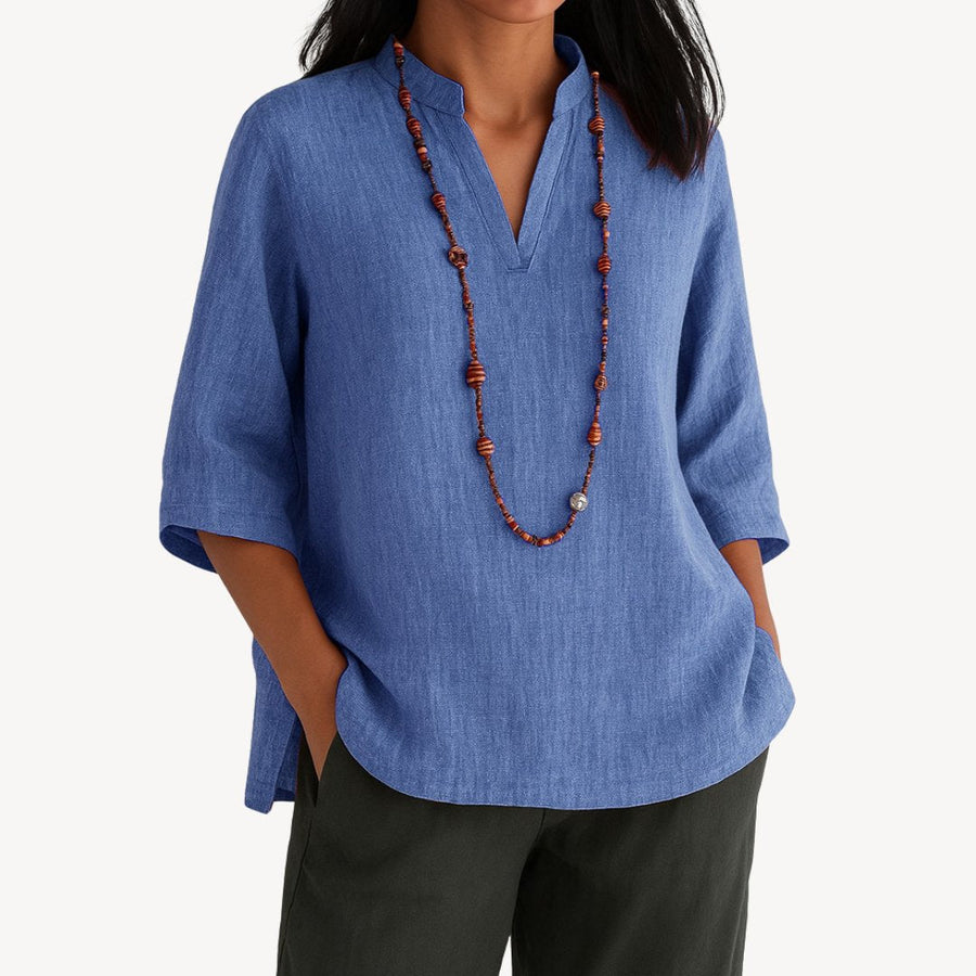 Women's Breathable Linen Tunic Blouse | Relaxed-Fit V-Neck Top 0