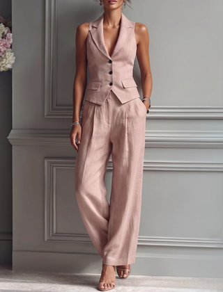 Women's Breathable Linen Two Piece Set | Elegant Sleeveless Waistcoat and Wide Leg Trousers 0