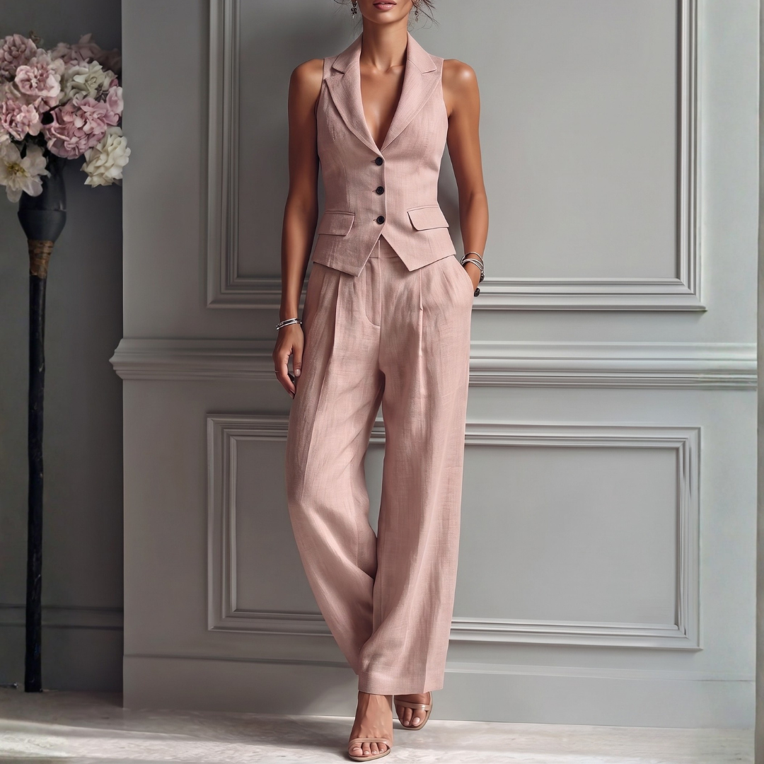 Women's Breathable Linen Two Piece Set | Elegant Sleeveless Waistcoat and Wide Leg Trousers 0