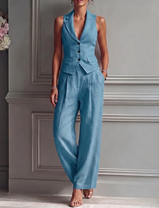 Women's Breathable Linen Two Piece Set | Elegant Sleeveless Waistcoat and Wide Leg Trousers 1
