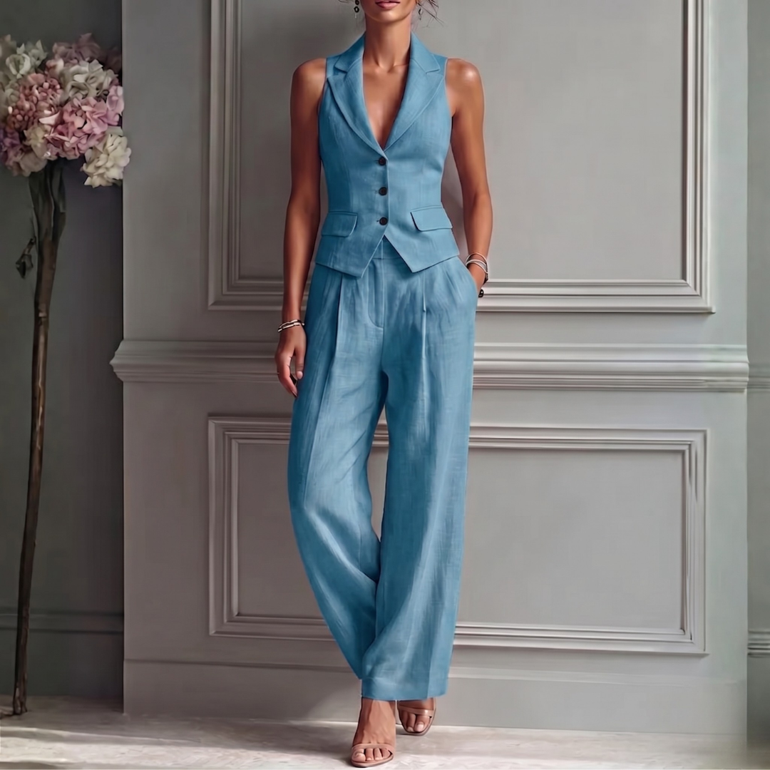 Women's Breathable Linen Two Piece Set | Elegant Sleeveless Waistcoat and Wide Leg Trousers 1