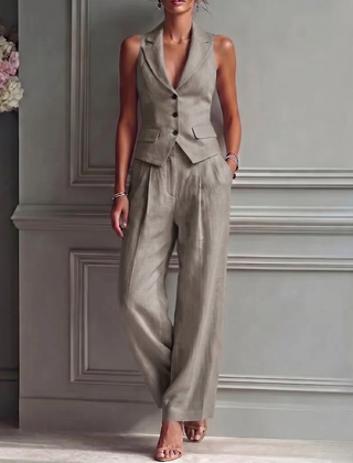 Women's Breathable Linen Two Piece Set | Elegant Sleeveless Waistcoat and Wide Leg Trousers 2