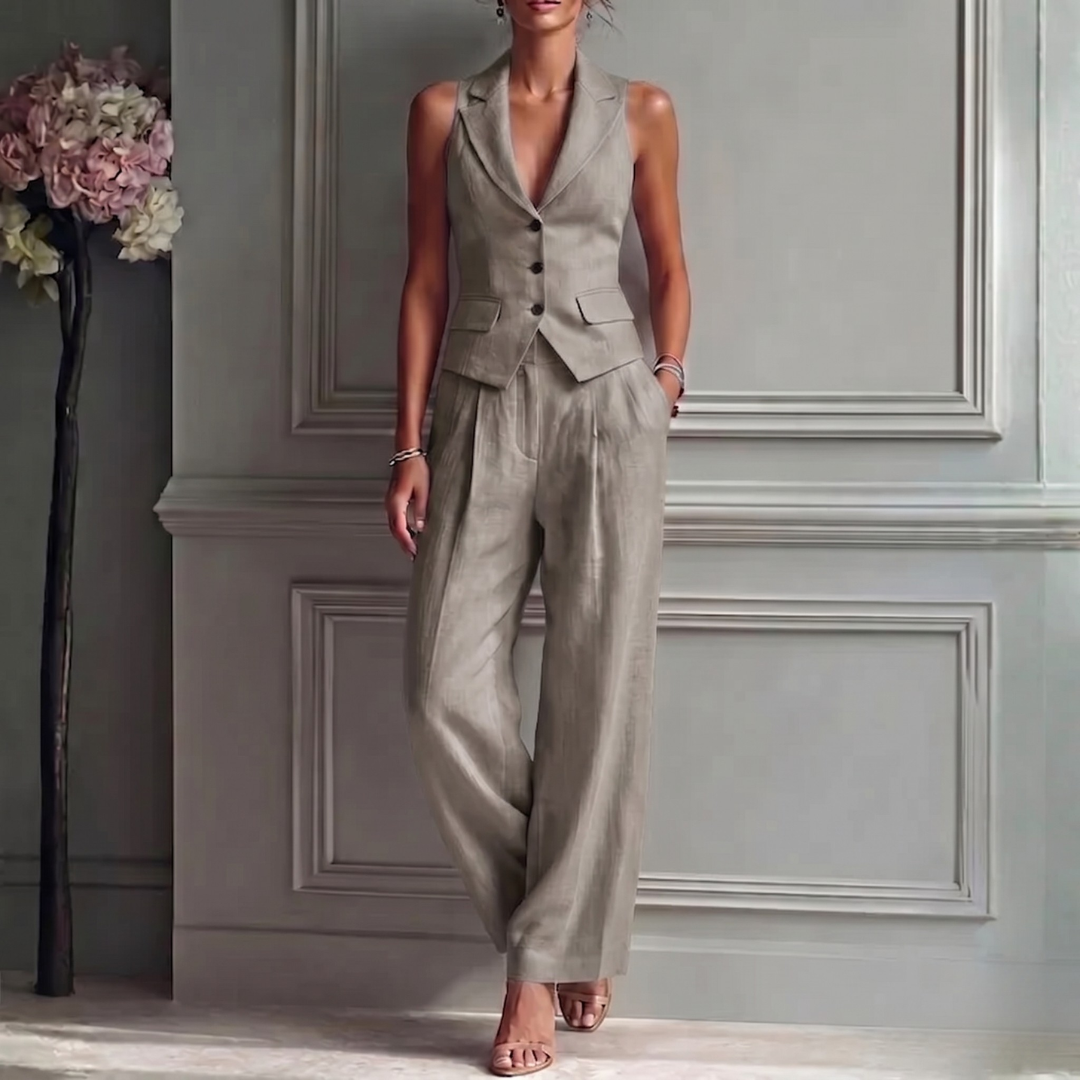 Women's Breathable Linen Two Piece Set | Elegant Sleeveless Waistcoat and Wide Leg Trousers 2