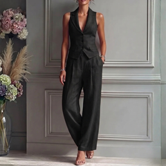 Women's Breathable Linen Two Piece Set | Elegant Sleeveless Waistcoat and Wide Leg Trousers 3