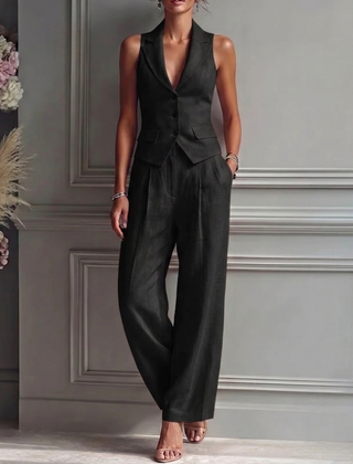 Women's Breathable Linen Two Piece Set | Elegant Sleeveless Waistcoat and Wide Leg Trousers 3