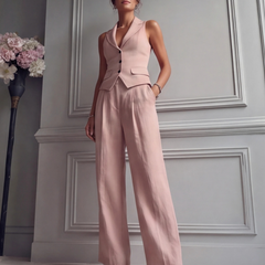Women's Breathable Linen Two Piece Set | Elegant Sleeveless Waistcoat and Wide Leg Trousers 5