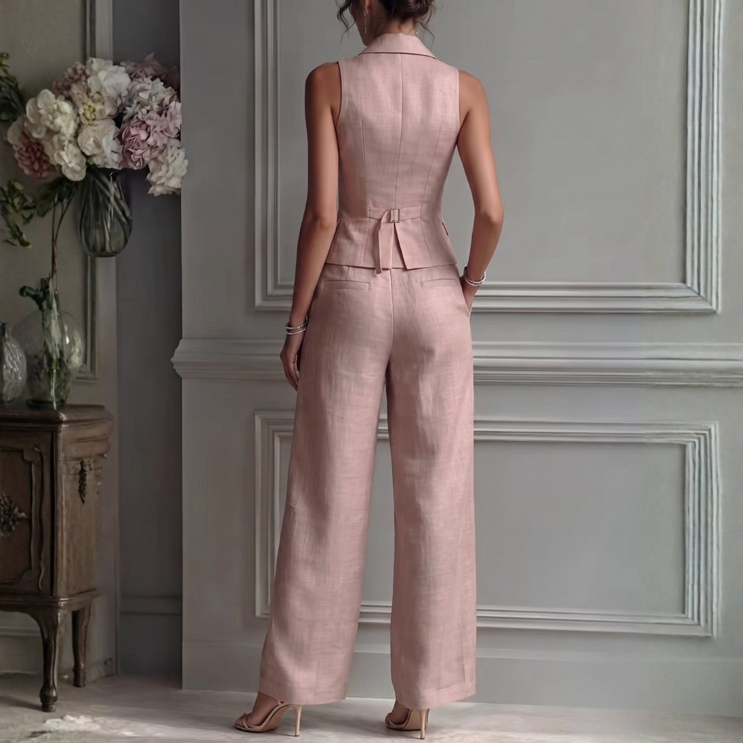 Women's Breathable Linen Two Piece Set | Elegant Sleeveless Waistcoat and Wide Leg Trousers 6
