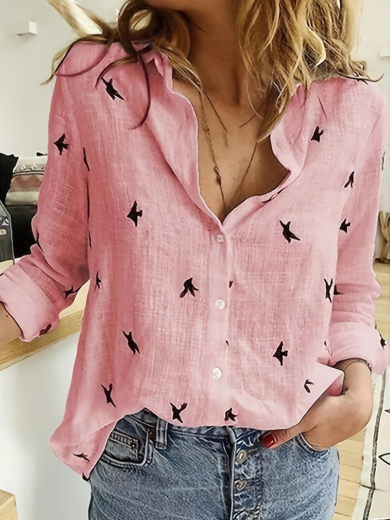Women's Breathable Polyester Blouse | Elegant Printed Button Front Shirt 2