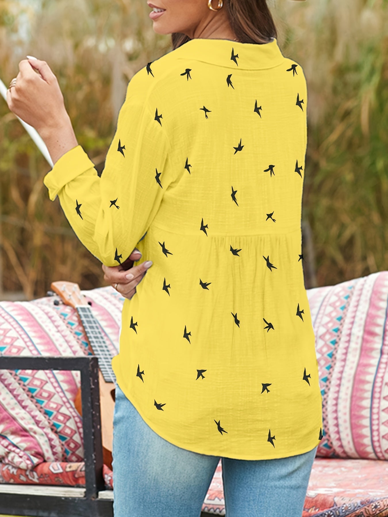 Women's Breathable Polyester Blouse | Elegant Printed Button Front Shirt 7