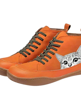 Women's Cat Print Leather Ankle Boots | Playful Comfortable Lace-Up Booties 0