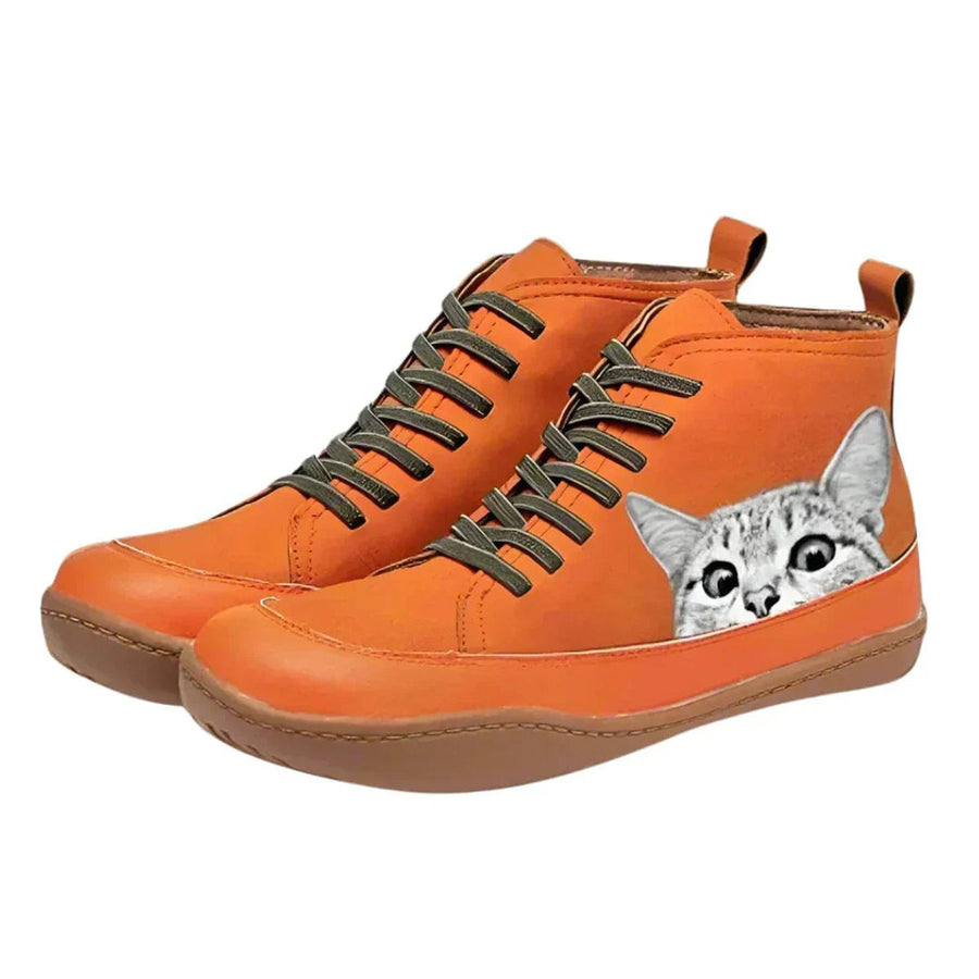 Women's Cat Print Leather Ankle Boots | Playful Comfortable Lace-Up Booties 0