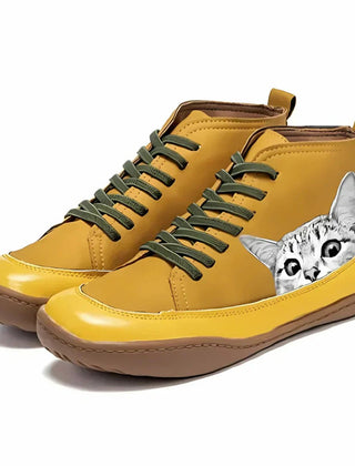 Women's Cat Print Leather Ankle Boots | Playful Comfortable Lace-Up Booties 1