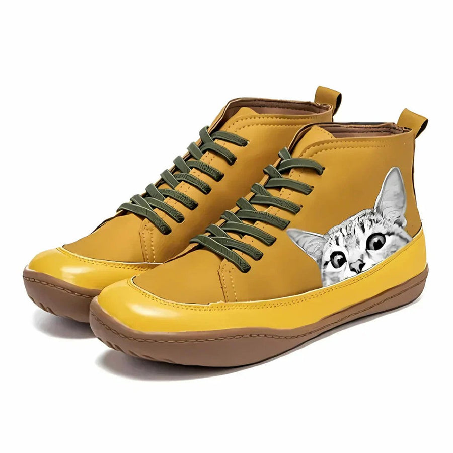 Women's Cat Print Leather Ankle Boots | Playful Comfortable Lace-Up Booties 1