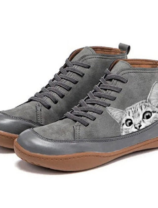 Women's Cat Print Leather Ankle Boots | Playful Comfortable Lace-Up Booties 2