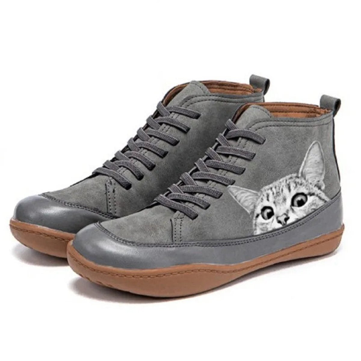 Women's Cat Print Leather Ankle Boots | Playful Comfortable Lace-Up Booties 2