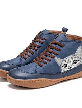 Women's Cat Print Leather Ankle Boots | Playful Comfortable Lace-Up Booties 3