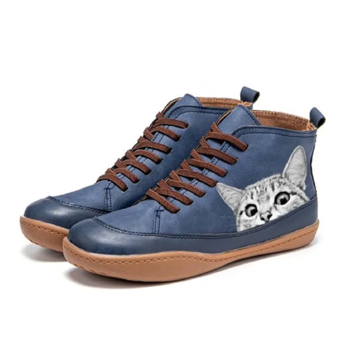 Women's Cat Print Leather Ankle Boots | Playful Comfortable Lace-Up Booties 3