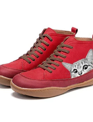 Women's Cat Print Leather Ankle Boots | Playful Comfortable Lace-Up Booties 4