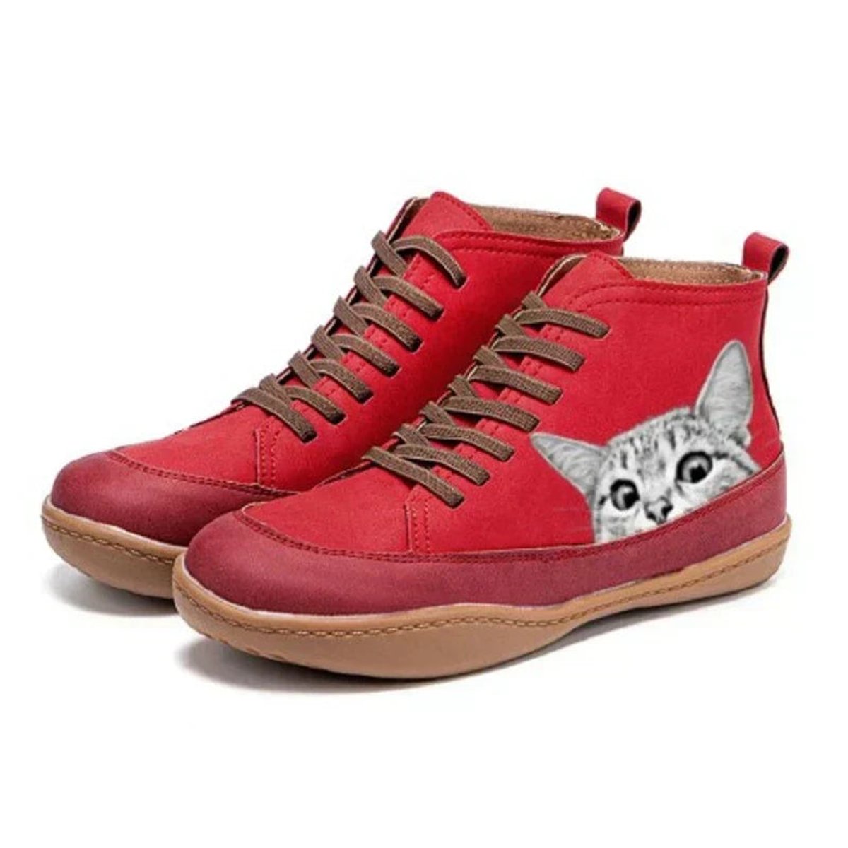 Women's Cat Print Leather Ankle Boots | Playful Comfortable Lace-Up Booties 4