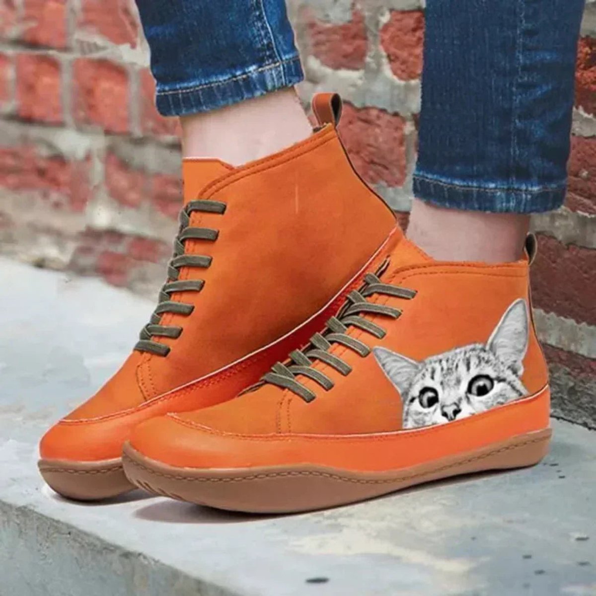 Women's Cat Print Leather Ankle Boots | Playful Comfortable Lace-Up Booties 6