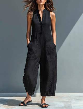 Women's Chic Cotton Blend Jumpsuit | Elegant Sleeveless Casual Outfit 0