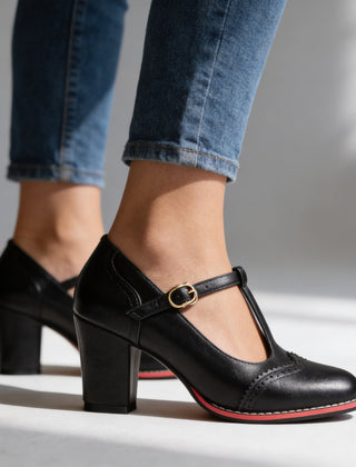 Women's Classic Leather T-Strap Mary Jane Pumps | Elegant Block Heel Shoes 0