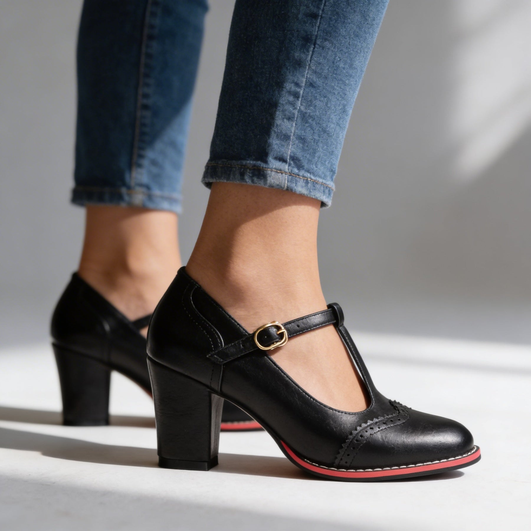 Women's Classic Leather T-Strap Mary Jane Pumps | Elegant Block Heel Shoes 0