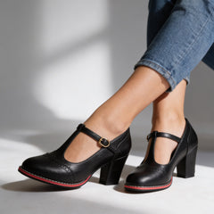 Women's Classic Leather T-Strap Mary Jane Pumps | Elegant Block Heel Shoes 3