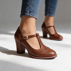 Women's Classic Leather T-Strap Mary Jane Pumps | Elegant Block Heel Shoes 4