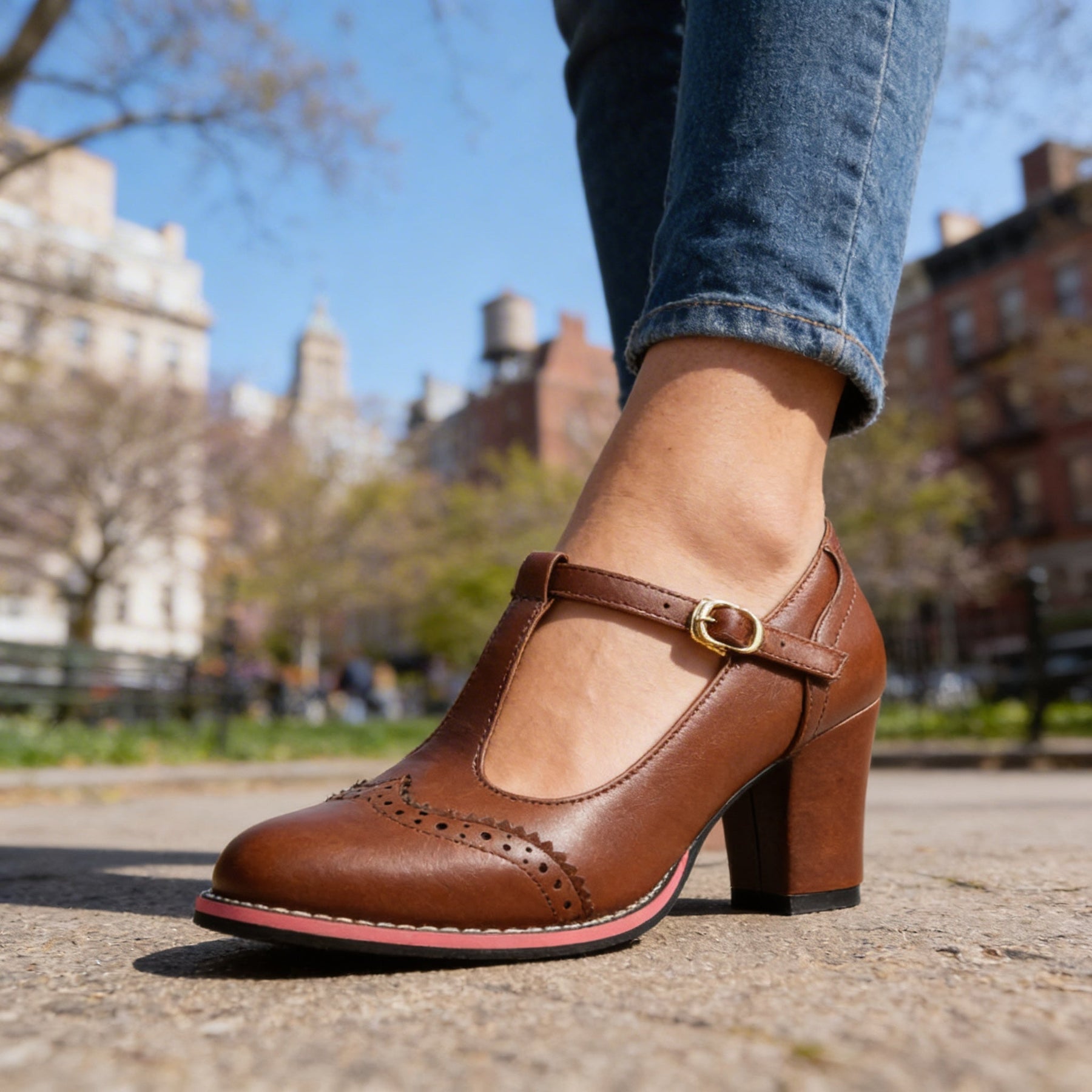 Women's Classic Leather T-Strap Mary Jane Pumps | Elegant Block Heel Shoes 6