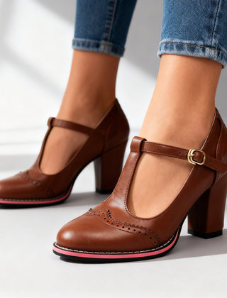 Women's Classic Leather T-Strap Mary Jane Pumps | Elegant Block Heel Shoes 7