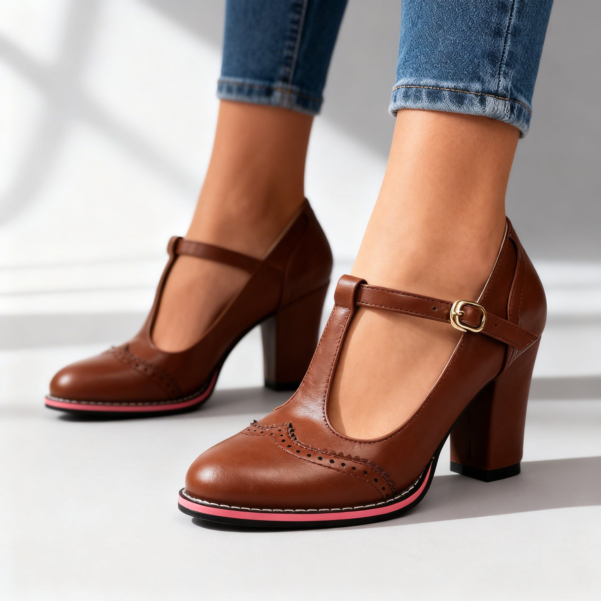 Women's Classic Leather T-Strap Mary Jane Pumps | Elegant Block Heel Shoes 7