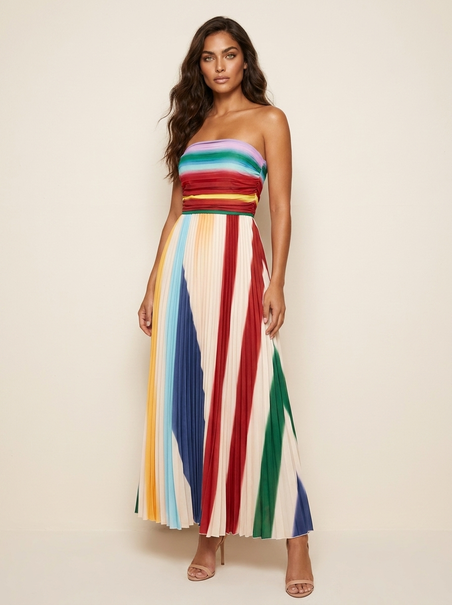Women's Colorful Pleated Maxi Dress | Elegant Strapless Summer Gown 0
