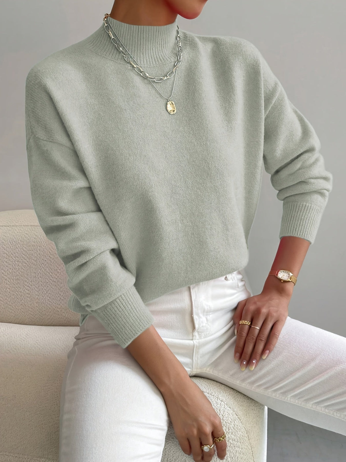Women's Comfortable Cotton Mock Neck Sweater | Elegant Relaxed Fit Spring Top 0
