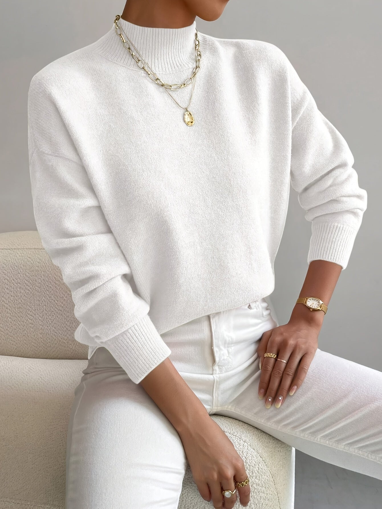 Women's Comfortable Cotton Mock Neck Sweater | Elegant Relaxed Fit Spring Top 1