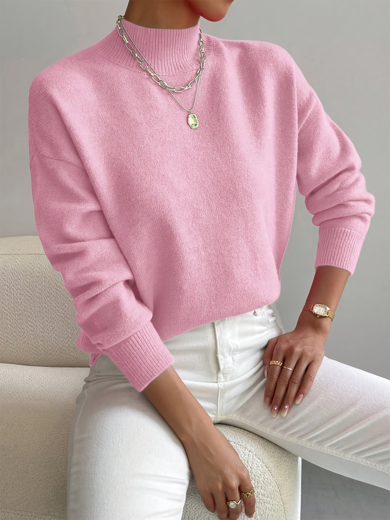 Women's Comfortable Cotton Mock Neck Sweater | Elegant Relaxed Fit Spring Top 2