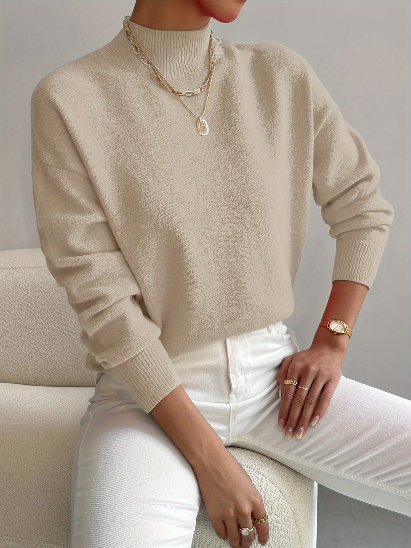 Women's Comfortable Cotton Mock Neck Sweater | Elegant Relaxed Fit Spring Top 4