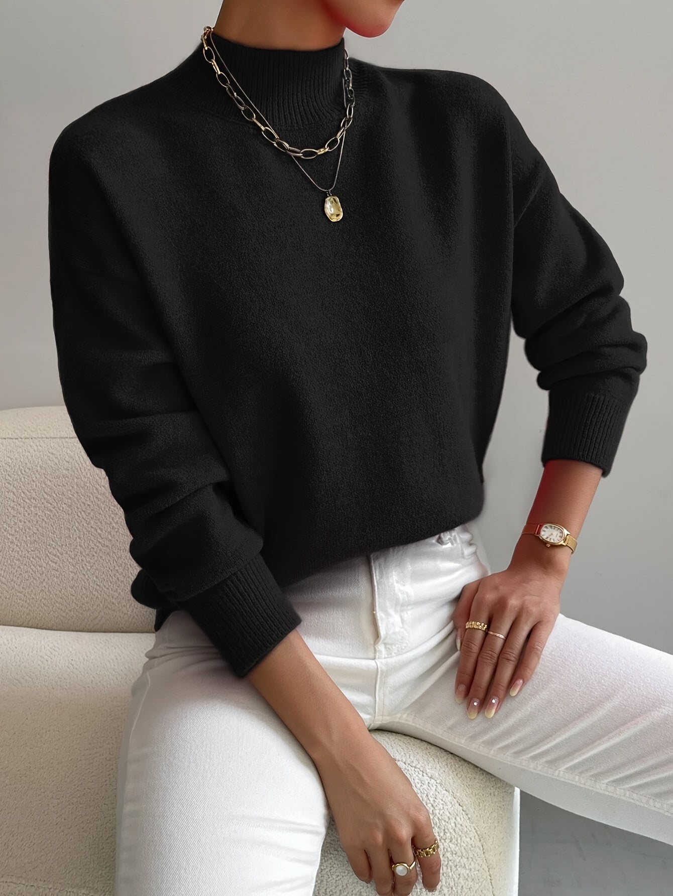 Women's Comfortable Cotton Mock Neck Sweater | Elegant Relaxed Fit Spring Top 5