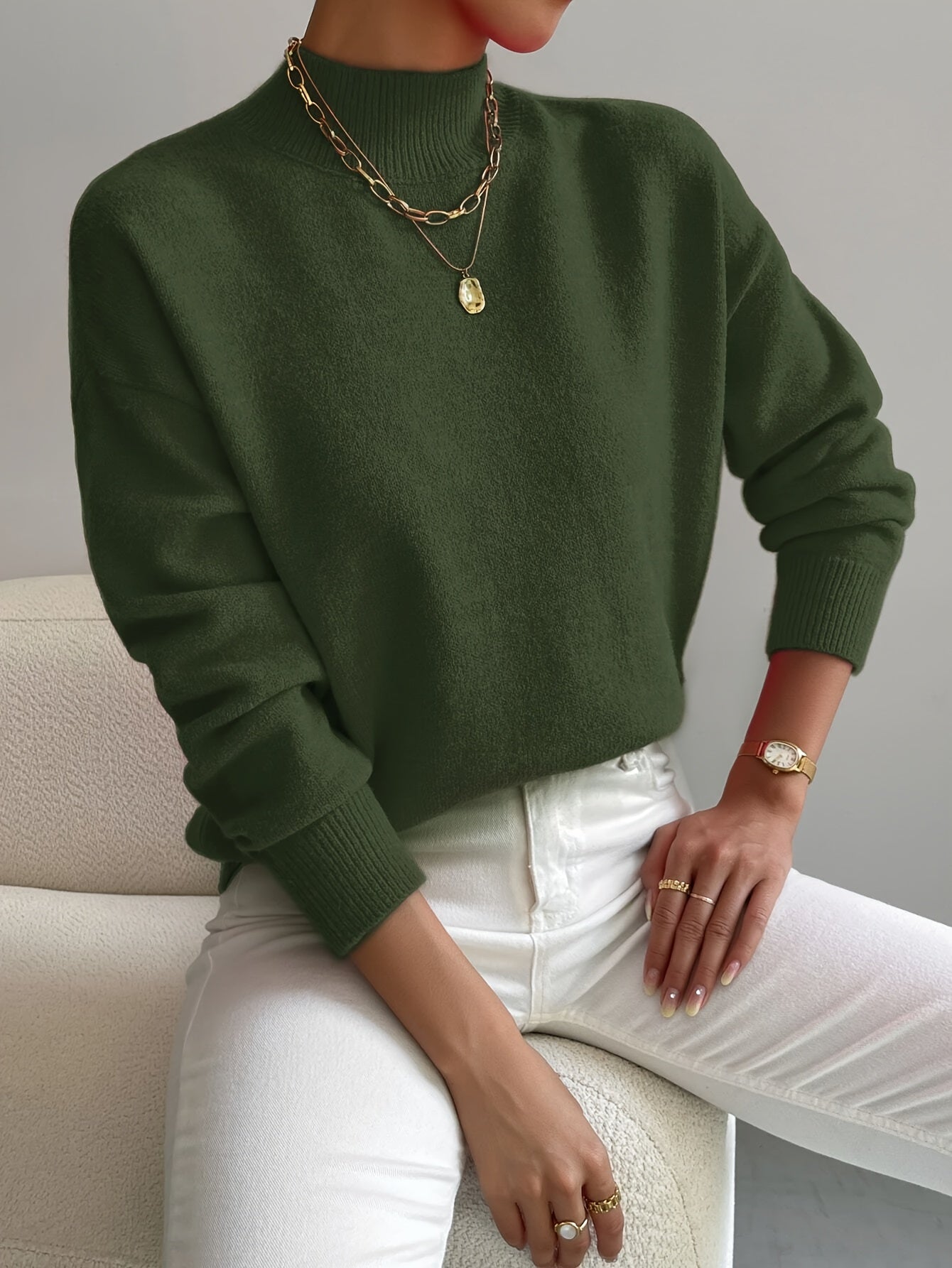 Women's Comfortable Cotton Mock Neck Sweater | Elegant Relaxed Fit Spring Top 7