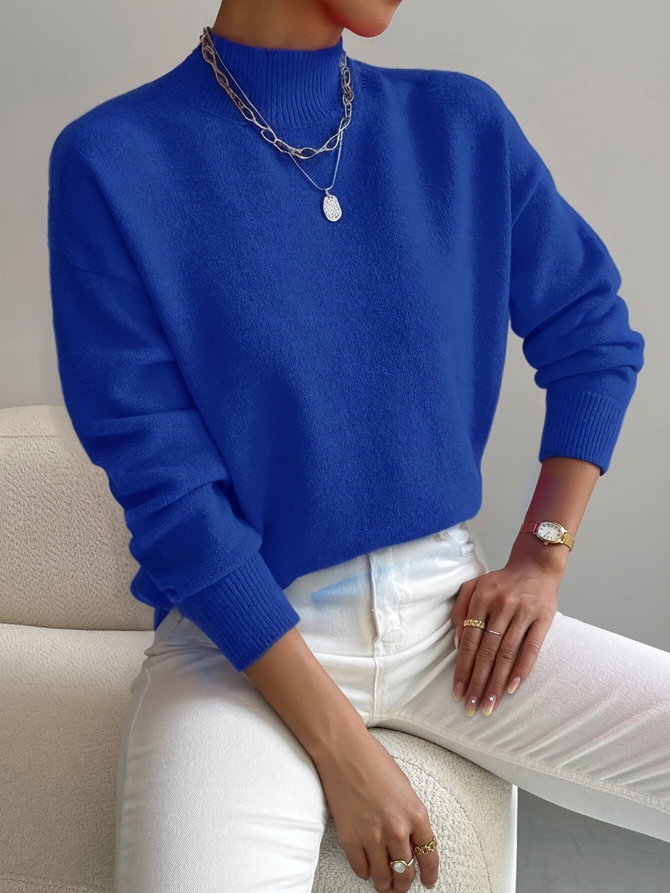 Women's Comfortable Cotton Mock Neck Sweater | Elegant Relaxed Fit Spring Top 8