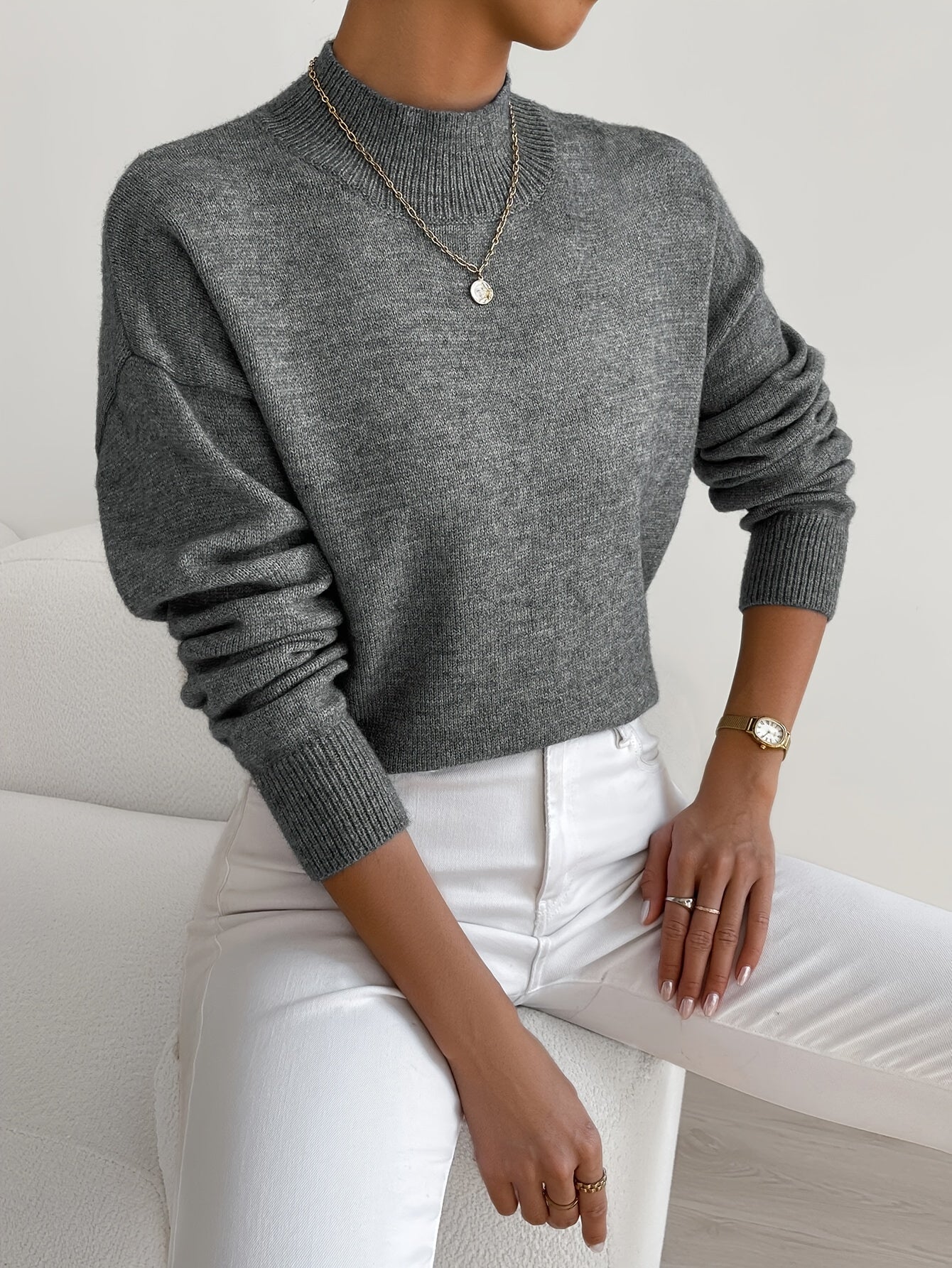 Women's Comfortable Cotton Mock Neck Sweater | Elegant Relaxed Fit Spring Top 9